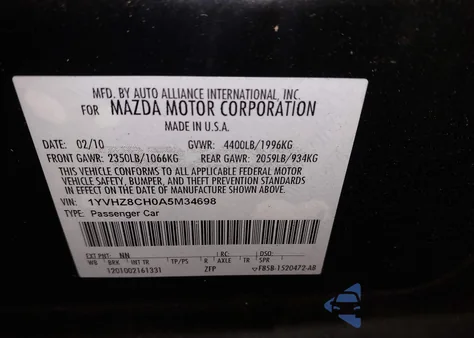 2010 Mazda Mazda6 I Touring z USA, uszkodzony, nr VIN 1YVHZ8CH0A5M34698